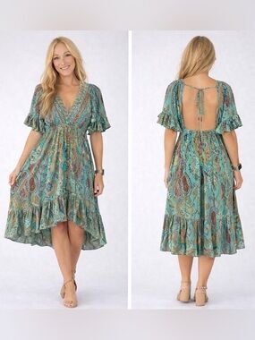 Earthbound Teal Paisley High-Low Open-Back Midi Dress
